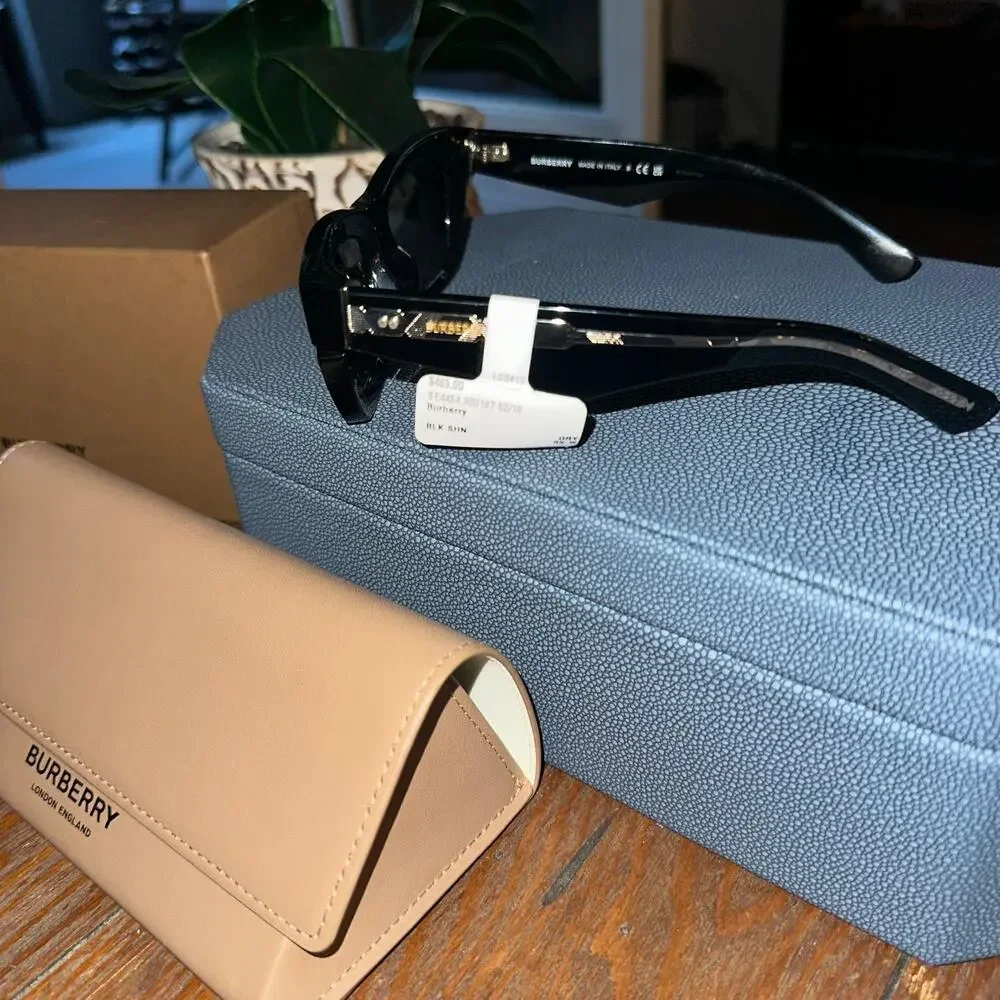 Burberry Inlaid Check Cat-eye Sunglasses Black New Gold Accents
